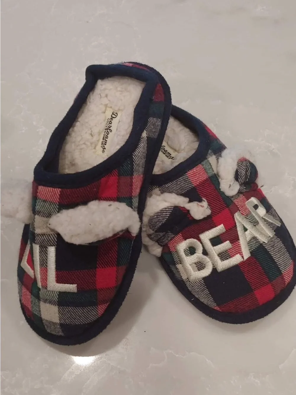 Dear foams Plaid 'Lil Bear' Kids Slippers - Red Navy Plaid